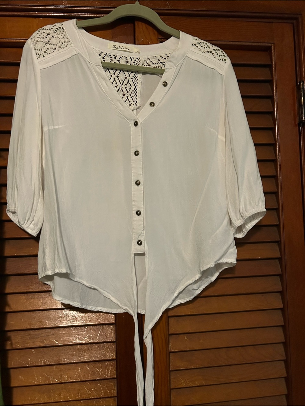 Solitaire White Button-Front Crochet Yoke Tie-Front Blouse